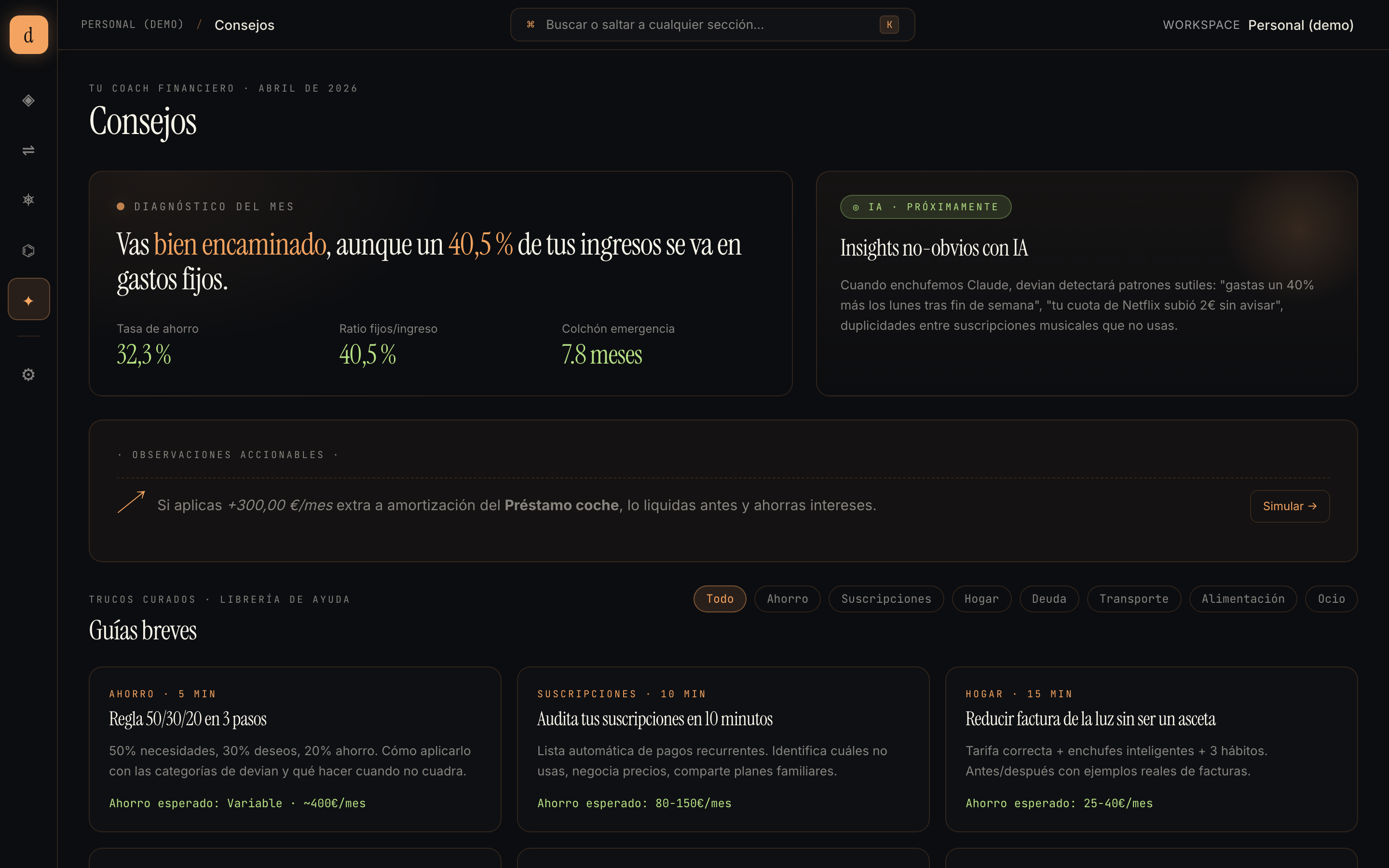 Sección de Consejos con coach financiero y observaciones accionables